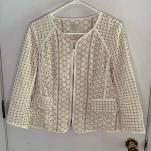Elevenses white cotton zip front jacket blazer w/tan embroidery Size 10